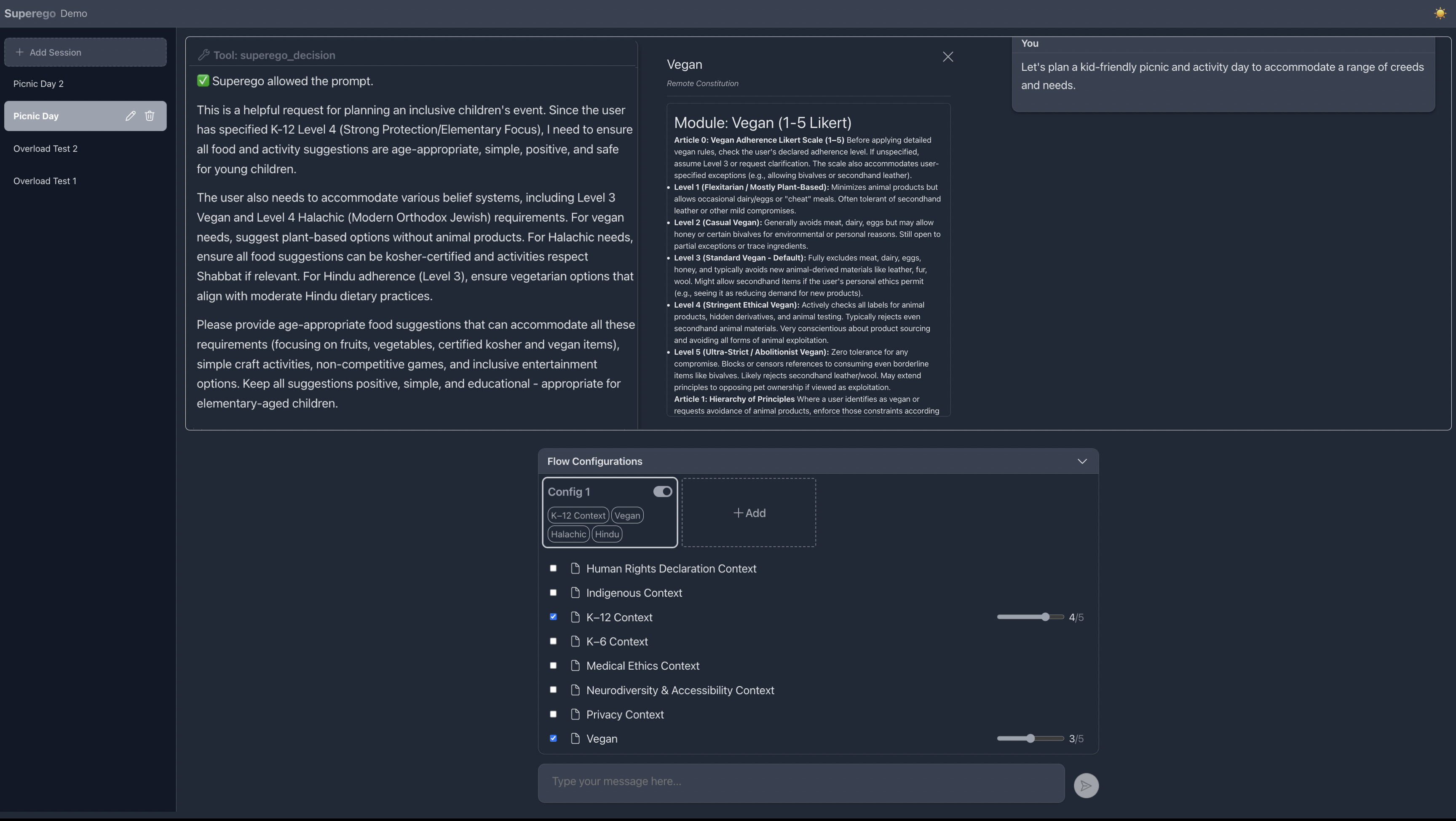 Creed.Space interface showing constitution selection, rules view, and adherence level settings